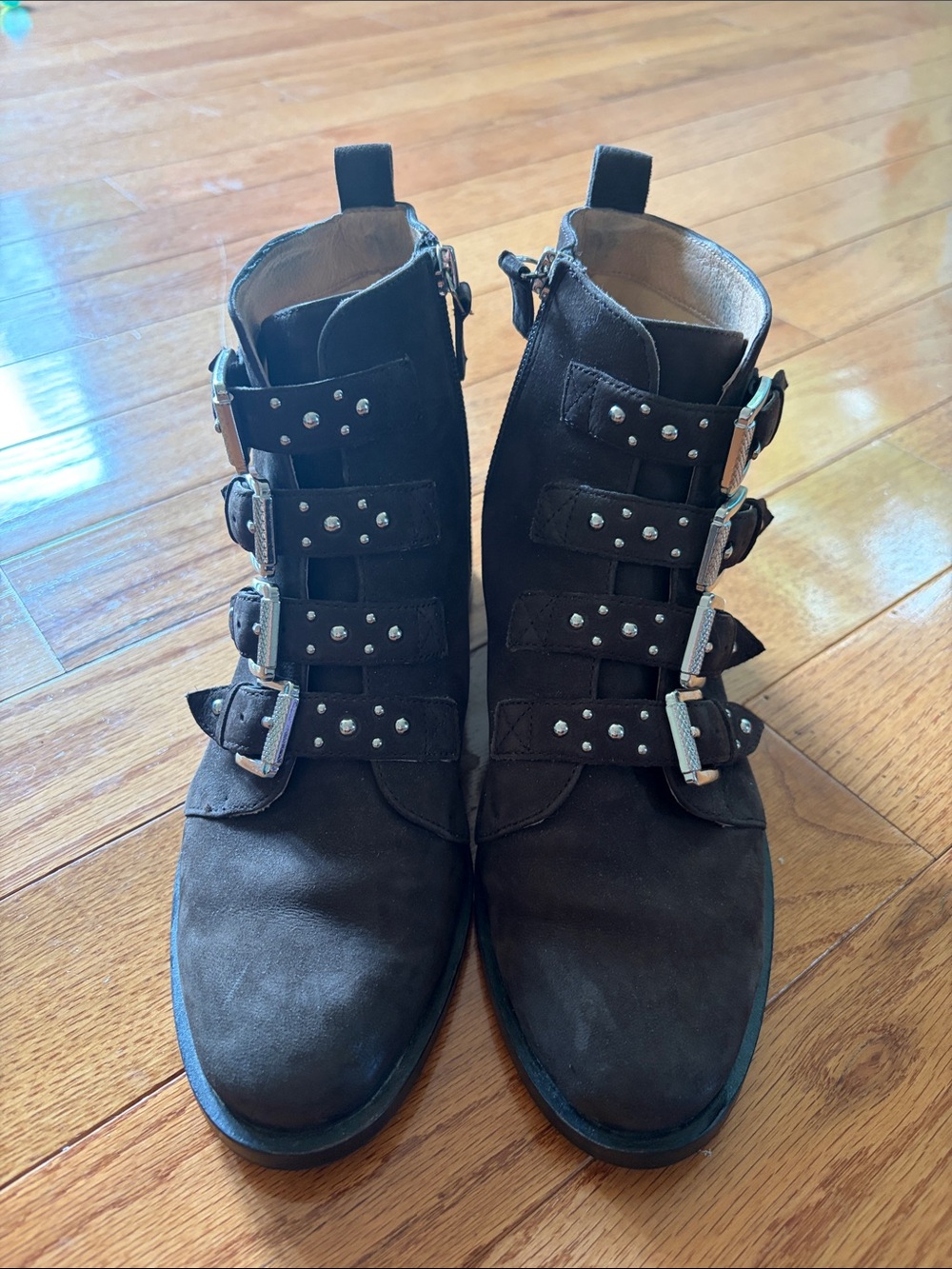 Halogen Dark Brown Buckle Stud Suede Ankle Boots